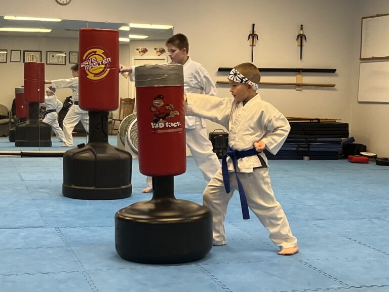 Two blue belt students practicing punches on punching bags in shotokan karate dojo.