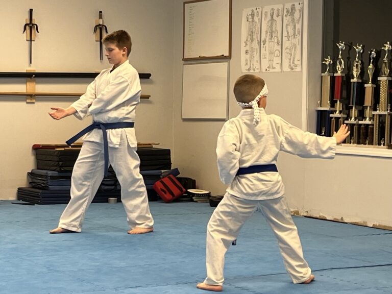 Two blue belt students practicing shotokan karate kata in charlestown, indiana.